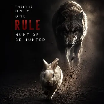 A wolf chasing a rabbit with text saying hunt or be hunted