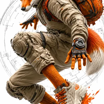 A stylized anthropomorphic fox wearing headphones, a backpack, and tactical gear, posed dynamically against a white background with orange splatter ef