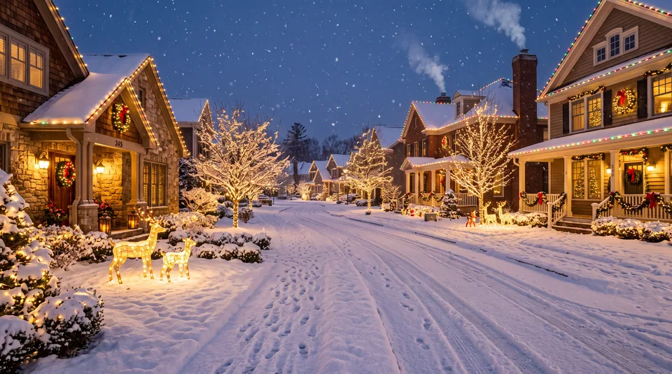 A snow-covered suburban street at night, decorated with Christmas lights, wreaths, and illuminated reindeer figures, under a starry sky