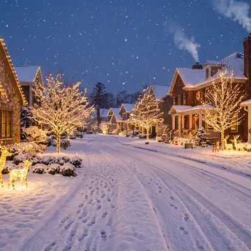 A snow-covered suburban street at night, decorated with Christmas lights, wreaths, and illuminated reindeer figures, under a starry sky