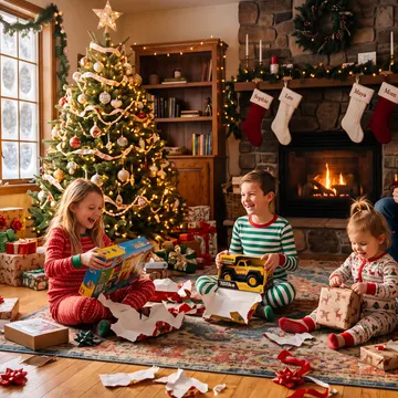 A family is gathered in a warmly lit living room decorated for Christmas, opening presents near a tree and fireplace