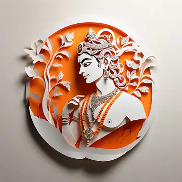 A stylized paper-cut artwork of a female figure with ornate jewelry and flowing hair, set against an orange circular background with white foliage
