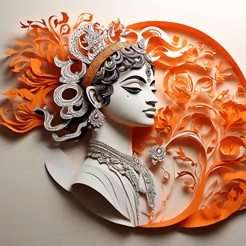 A stylized paper-cut art piece depicting a serene female deity with intricate silver and orange floral and crown details