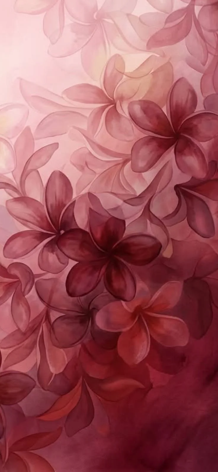 Abstract watercolor floral pattern with overlapping frangipani in soft pink and mauve tones