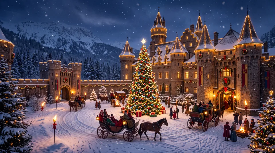 A festive, snow-covered castle at night, decorated with Christmas lights and a large tree, with people in period-style clothing and horse-drawn carria