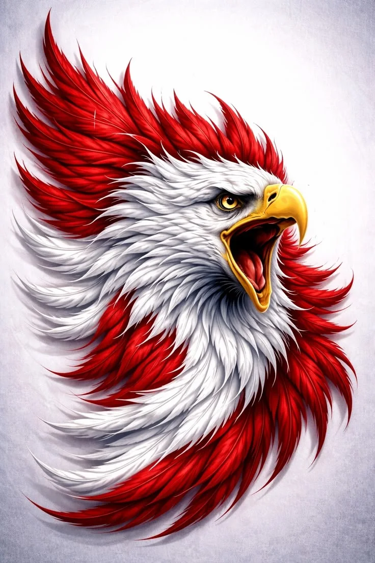 A red and white eagle head screaming with a yellow beak on a gray background