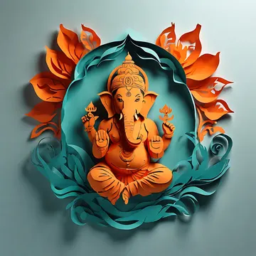 A stylized, orange paper-cutout depiction of the Hindu deity Ganesha, seated in a meditative pose with ornate teal and orange decorative elements surr