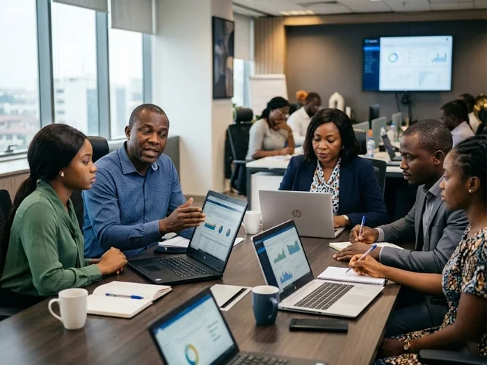 Diverse team reviewing data charts on laptops during a business meeting in a modern office