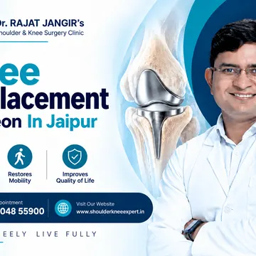 Doctor in white coat smiling with knee replacement implant graphic and clinic contact details
