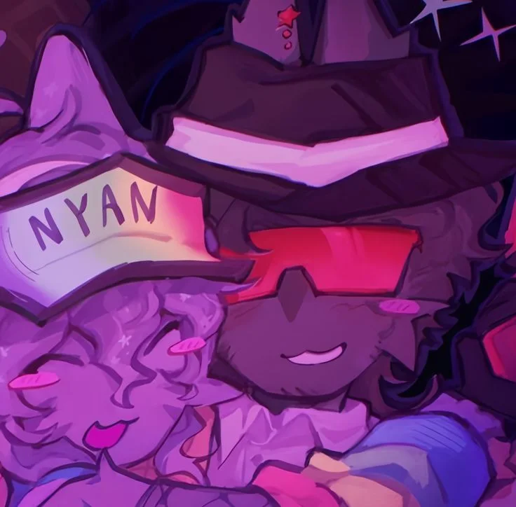 Two smiling anime characters hugging under glowing hats and stars
