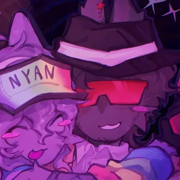 Two smiling anime characters hugging under glowing hats and stars