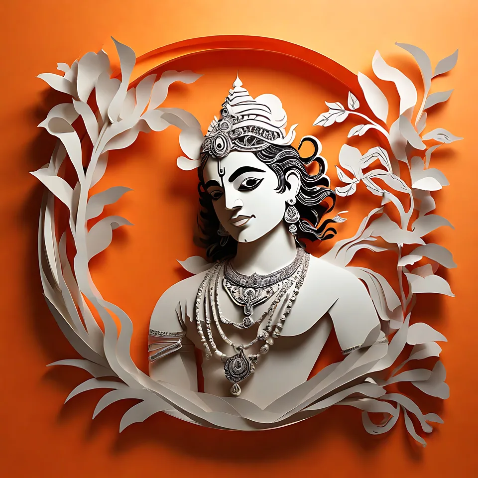 A stylized paper-cutout artwork of a person with ornate headwear and jewelry, framed by white leafy branches against an orange background