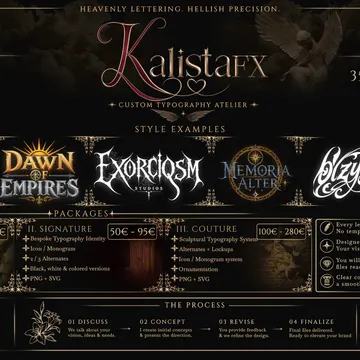 Custom typography atelier offering logo design services with pricing and style examples