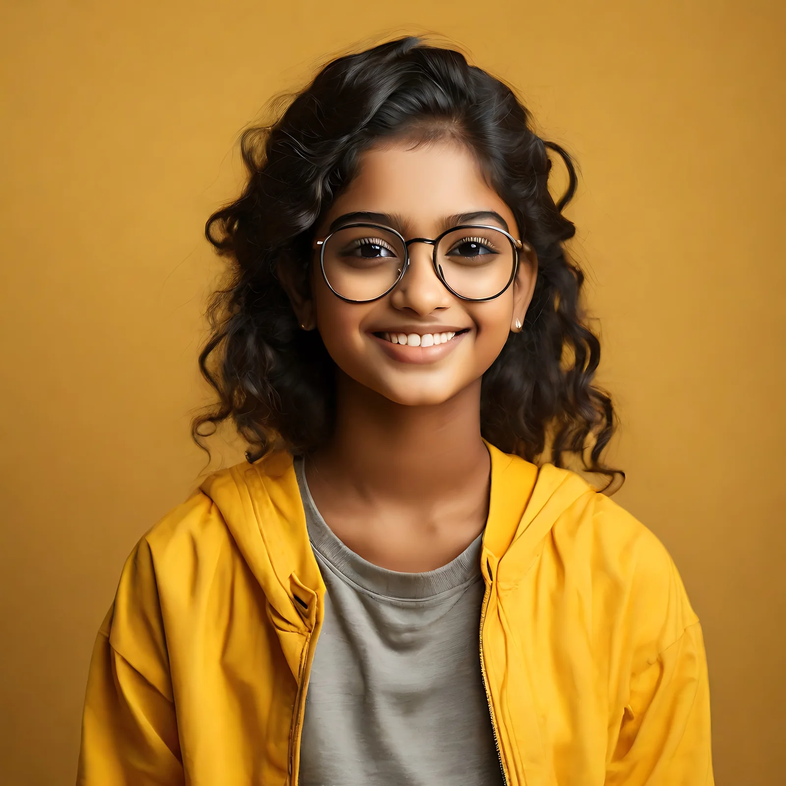 A young girl with dark curly hair and glasses, wearing a yellow jacket over a gray shirt, smiles at the camera against a solid yellow background