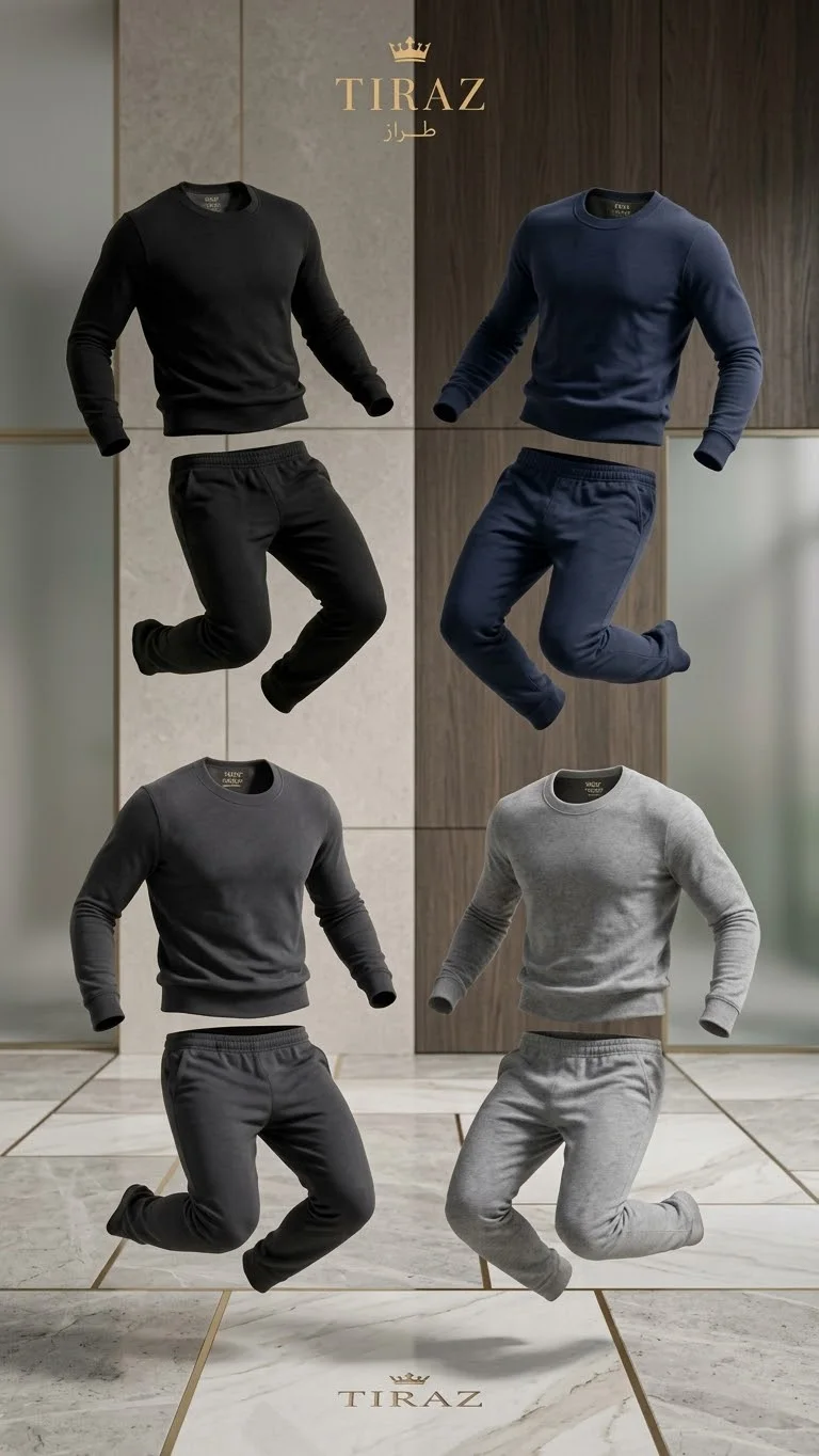 Four floating men's sweatsuits in black navy gray and light gray against marble and wood background