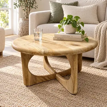 Round wooden coffee table with glass water and books on woven rug in sunlit living room