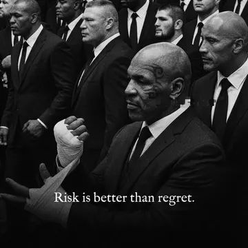 Mike Tyson in a suit with bandaged fists surrounded by men in suits with text risk is better than regret