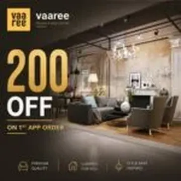 Modern living room with gray sofa dark wood floor and chandelier with discount promotion overlay