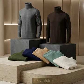 Mannequins wearing turtleneck sweaters with folded sweaters on stone display in a luxury boutique