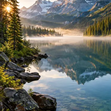 Sunlight filters through pine trees over a misty lake reflecting snowcapped mountains and clear blue sky
