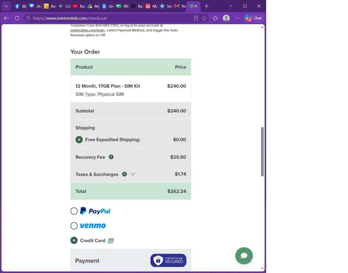 Mobile phone plan checkout page showing total cost and payment options