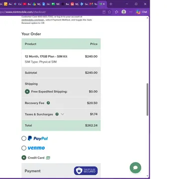 Mobile phone plan checkout page showing total cost and payment options