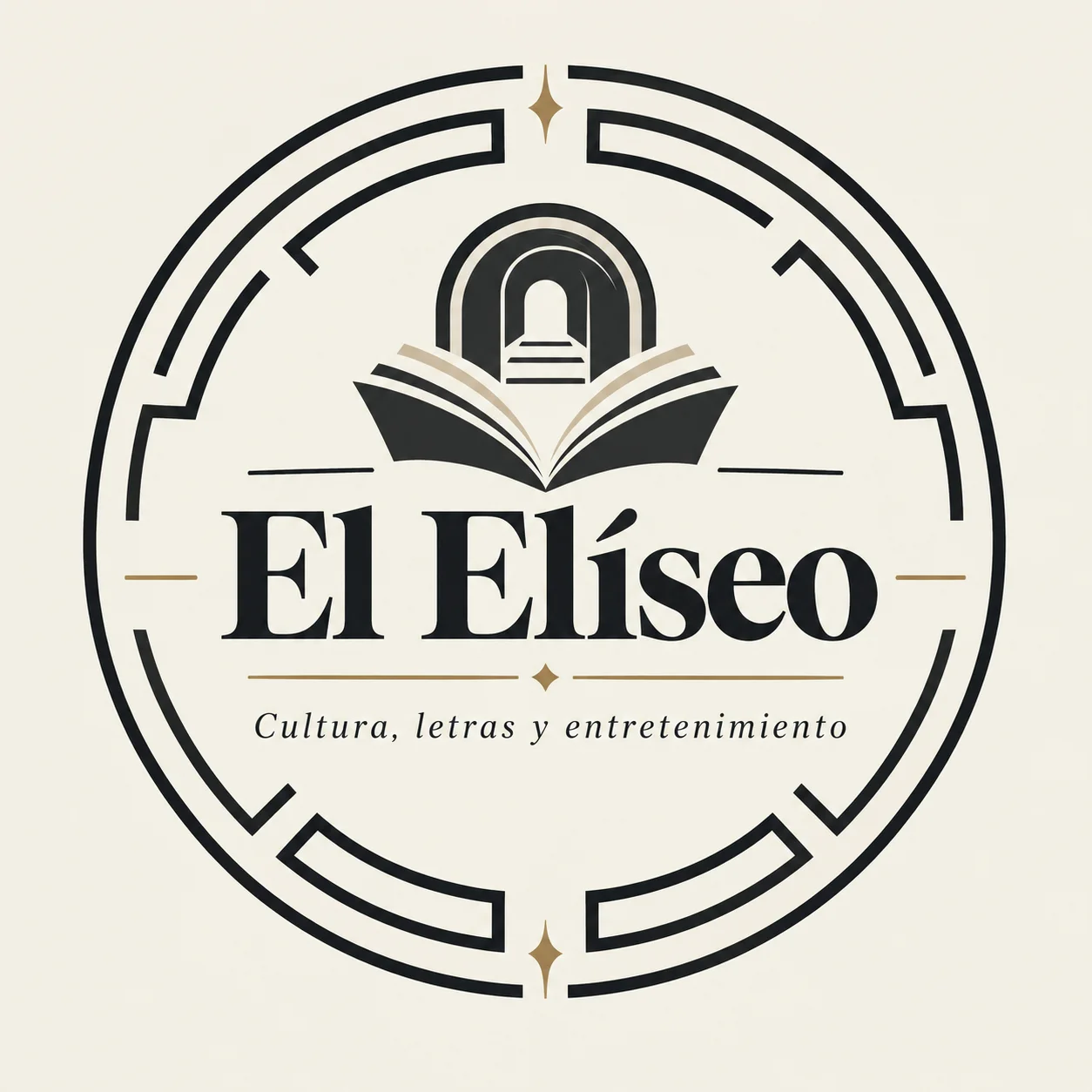 El Elíseo logo with open book and temple arch in circular design