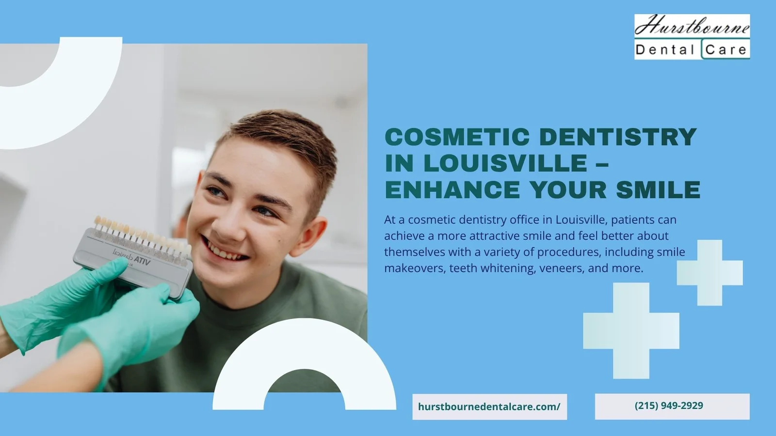 Young man smiling while dentist shows tooth color shades for cosmetic dentistry in Louisville
