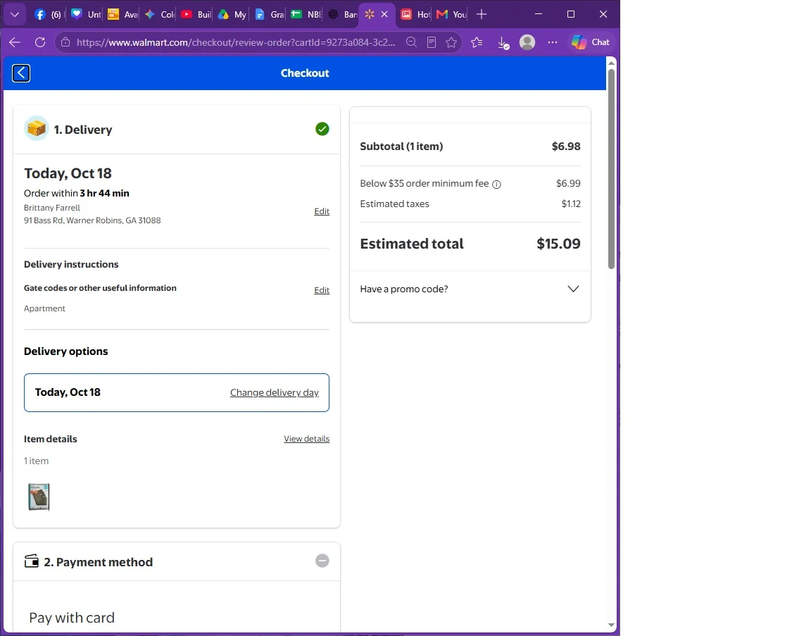 Walmart checkout screen showing delivery details and estimated total of $15.09