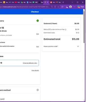 Walmart checkout screen showing delivery details and estimated total of $15.09
