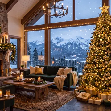 A cozy, AI-generated Christmas living room with a decorated tree, fireplace, and snowy mountain view through large windows