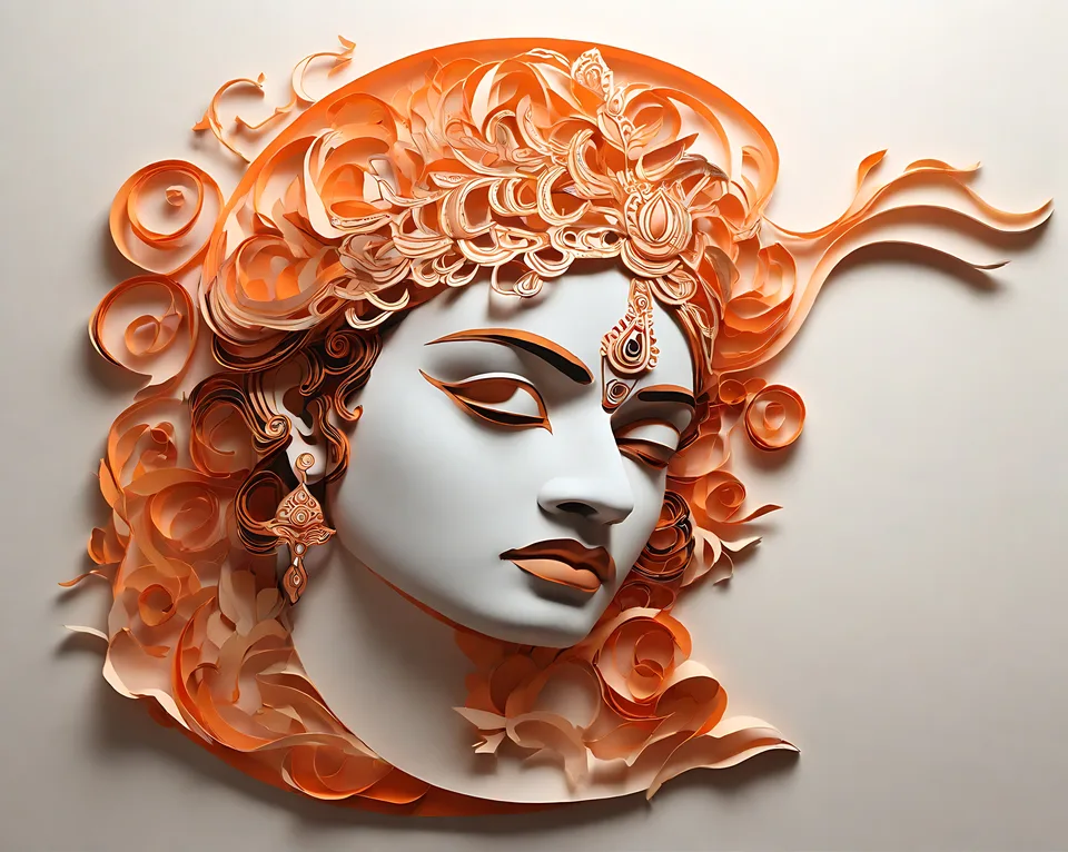 A stylized, AI-generated artwork of a woman's face with intricate orange paper-cut hair and jewelry against a plain background