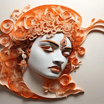 A stylized, AI-generated artwork of a woman's face with intricate orange paper-cut hair and jewelry against a plain background