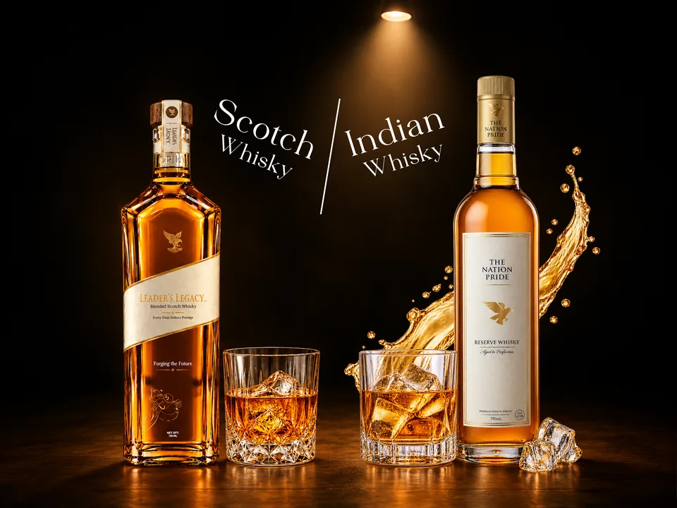 Two whisky bottles with glasses of ice and golden splash under spotlight on dark wood