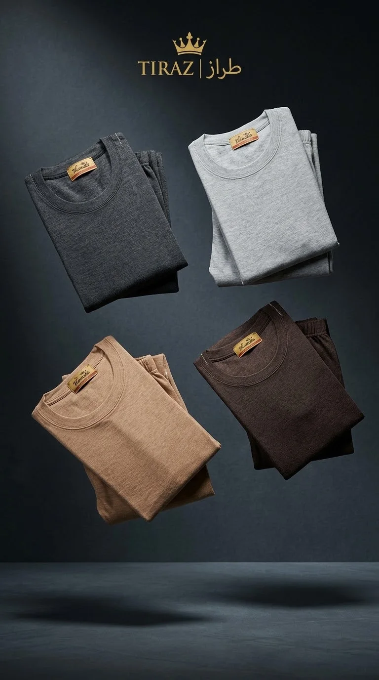 Four folded TIRAZ brand t-shirts in gray brown and tan floating in a dark studio setting