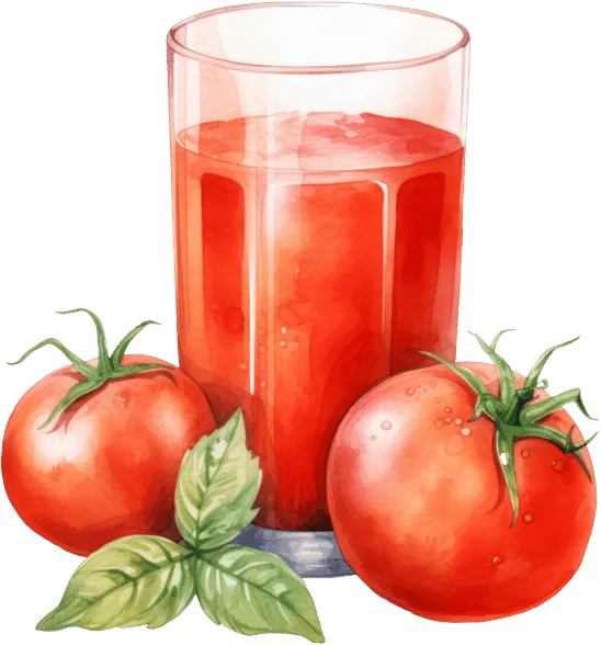 Glass of tomato juice with two tomatoes and basil leaves