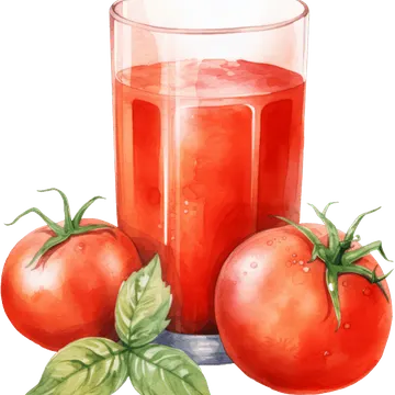 Glass of tomato juice with two tomatoes and basil leaves
