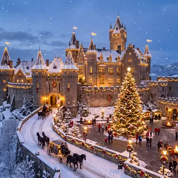 A snow-covered castle at night, illuminated with festive lights, surrounded by a Christmas tree, people, and horse-drawn carriages