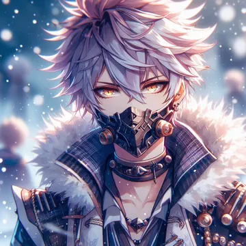 Anime character with silver hair and mechanical mask in snowy winter scene