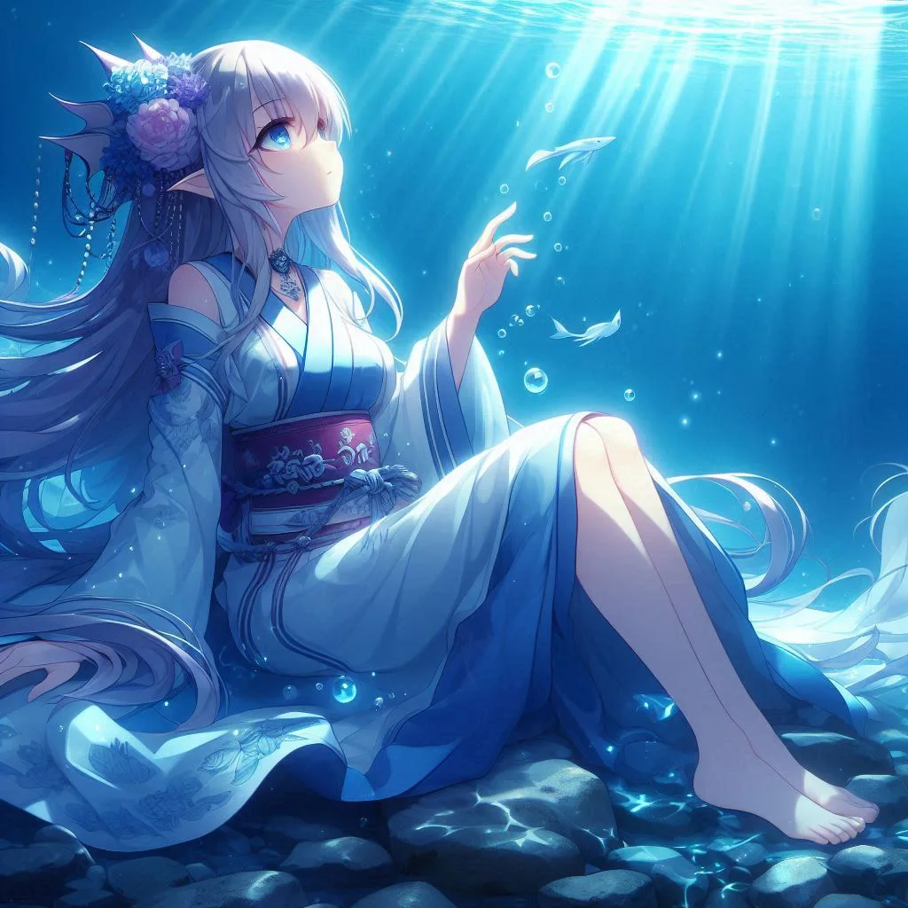 Anime girl with silver hair and floral crown sits underwater in blue robe as fish swim by and sunlight shines down