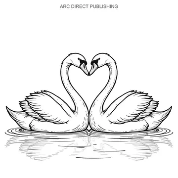 Two swans facing each other forming a heart shape on water with reflections