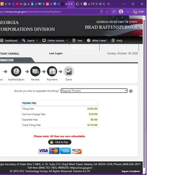 Georgia Secretary of State business formation payment page showing fees and payment options