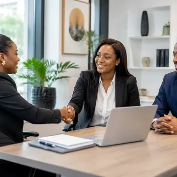 Three business professionals shaking hands at a modern office desk with laptop and documents