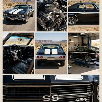 Black 1970 Chevrolet Chevelle SS 454 muscle car with white stripes in desert and garage views