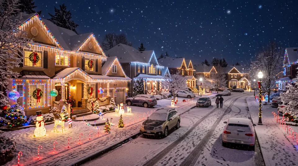 A snow-covered suburban street at night, decorated with festive Christmas lights, wreaths, and illuminated figures on lawns, with parked cars and two