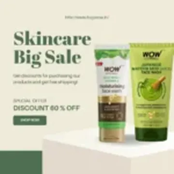 Two skincare product tubes on a pedestal with discount sale text