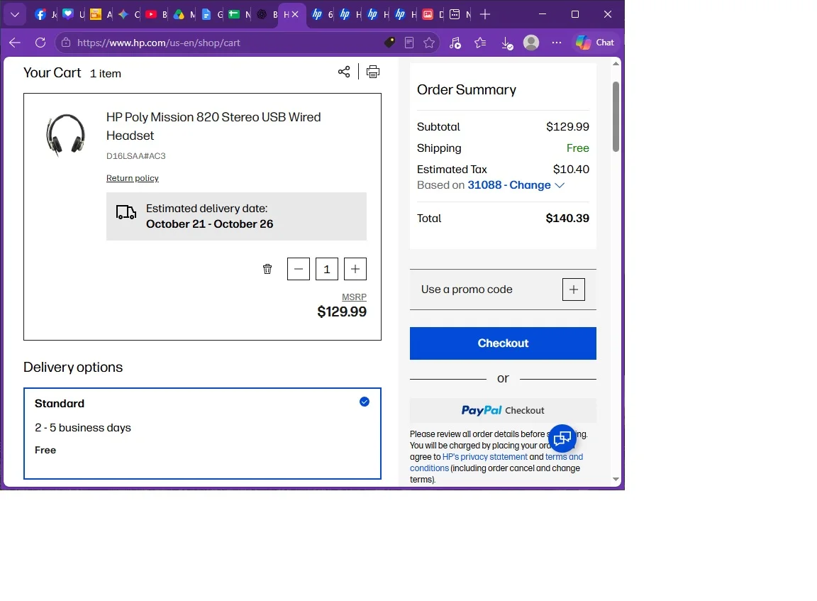 HP shopping cart page showing headset purchase with total price and delivery options