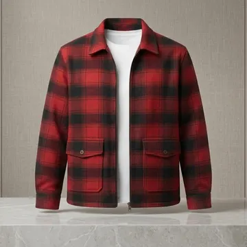 Red and black plaid jacket displayed on marble pedestal with white tee and leather tray nearby