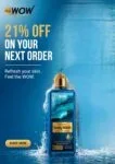 A blue skincare bottle splashing in water with a 21% off promotion text