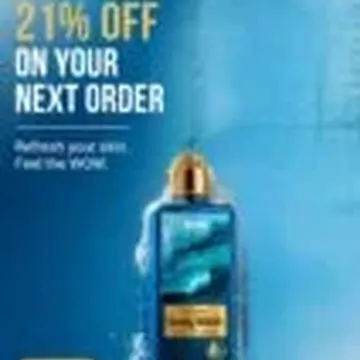 A blue skincare bottle splashing in water with a 21% off promotion text